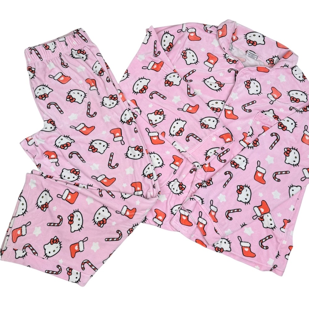 Hello Kitty Pajama Set Christmas Pink Plush Kawaii Coquette Sanrio Sleepwear XL‎
